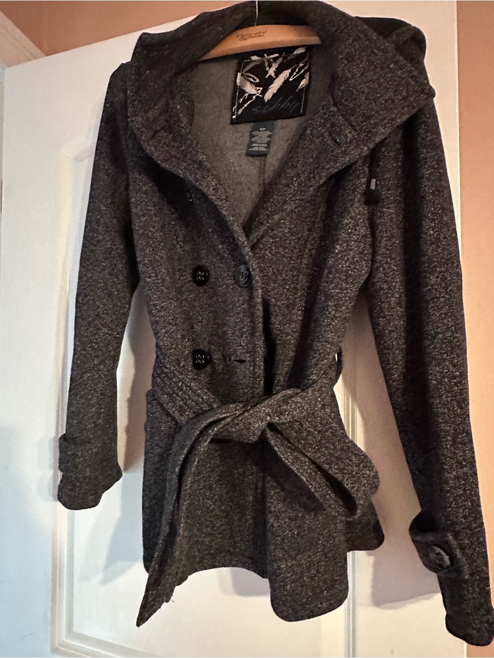 Sebby Dark Gray Hooded Belted Pea Coat